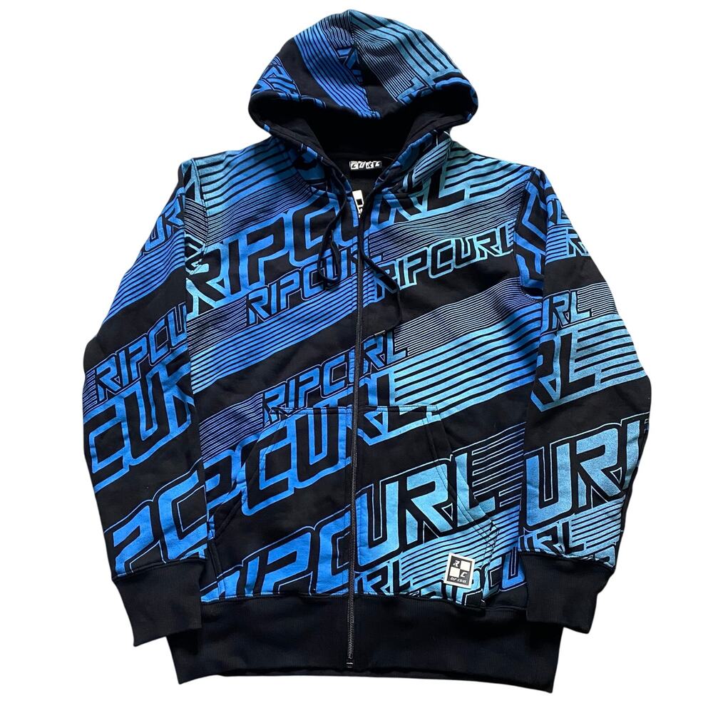 Vintage Y2K Rip Curl Surf Blue Black AOP Full Zip Hoodie Jacket Size Small